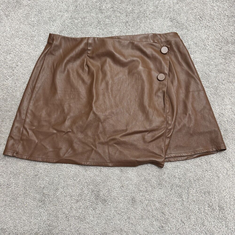 The Drop Faux Leather Wrap Skort Womens Large Brown Asymmetrical Button Mini